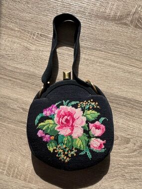Vintage Black Bag with Pink Rose Embroidery